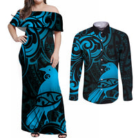 New Zealand Tui Bird Couples Matching Off Shoulder Maxi Dress and Long Sleeve Button Shirt Aotearoa Maori Pattern - Blue LT14 Blue - Polynesian Pride