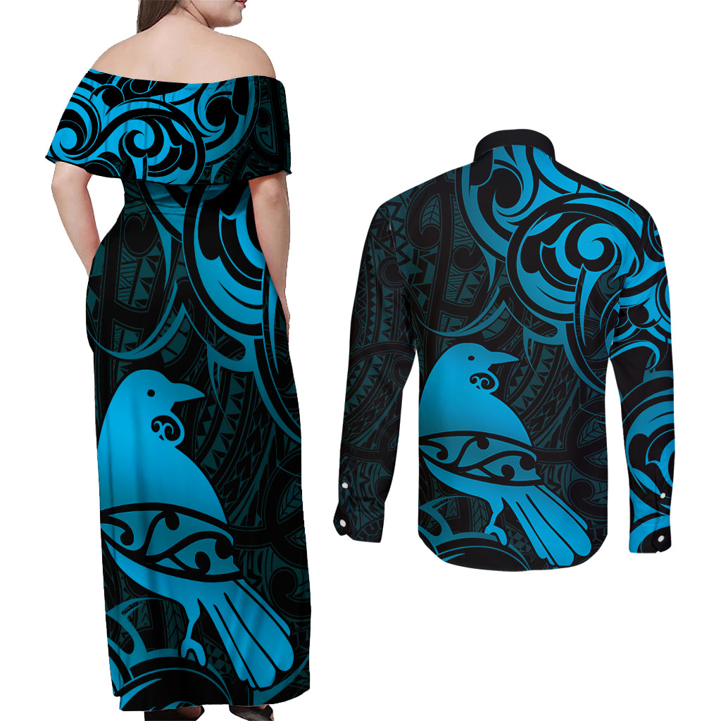 New Zealand Tui Bird Couples Matching Off Shoulder Maxi Dress and Long Sleeve Button Shirt Aotearoa Maori Pattern - Blue LT14 - Polynesian Pride