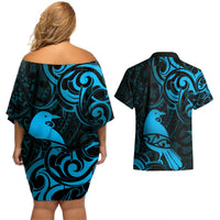 New Zealand Tui Bird Couples Matching Off Shoulder Short Dress and Hawaiian Shirt Aotearoa Maori Pattern - Blue