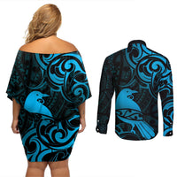 New Zealand Tui Bird Couples Matching Off Shoulder Short Dress and Long Sleeve Button Shirt Aotearoa Maori Pattern - Blue LT14 - Polynesian Pride