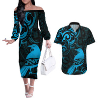 New Zealand Tui Bird Couples Matching Off The Shoulder Long Sleeve Dress and Hawaiian Shirt Aotearoa Maori Pattern - Blue