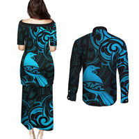 New Zealand Tui Bird Couples Matching Puletasi and Long Sleeve Button Shirt Aotearoa Maori Pattern - Blue
