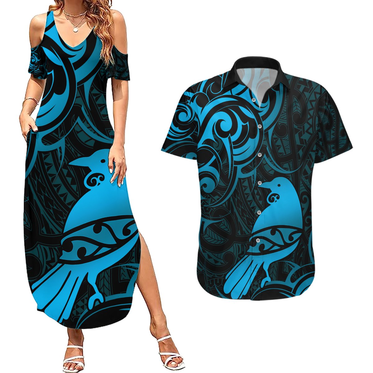 New Zealand Tui Bird Couples Matching Summer Maxi Dress and Hawaiian Shirt Aotearoa Maori Pattern - Blue LT14 Blue - Polynesian Pride
