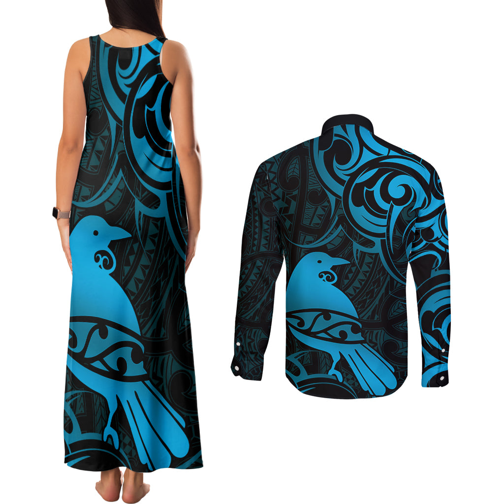 New Zealand Tui Bird Couples Matching Tank Maxi Dress and Long Sleeve Button Shirt Aotearoa Maori Pattern - Blue LT14 - Polynesian Pride