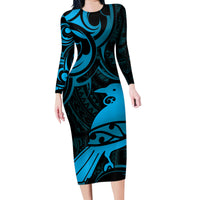 New Zealand Tui Bird Family Matching Long Sleeve Bodycon Dress and Hawaiian Shirt Aotearoa Maori Pattern - Blue LT14 Mom's Dress Blue - Polynesian Pride
