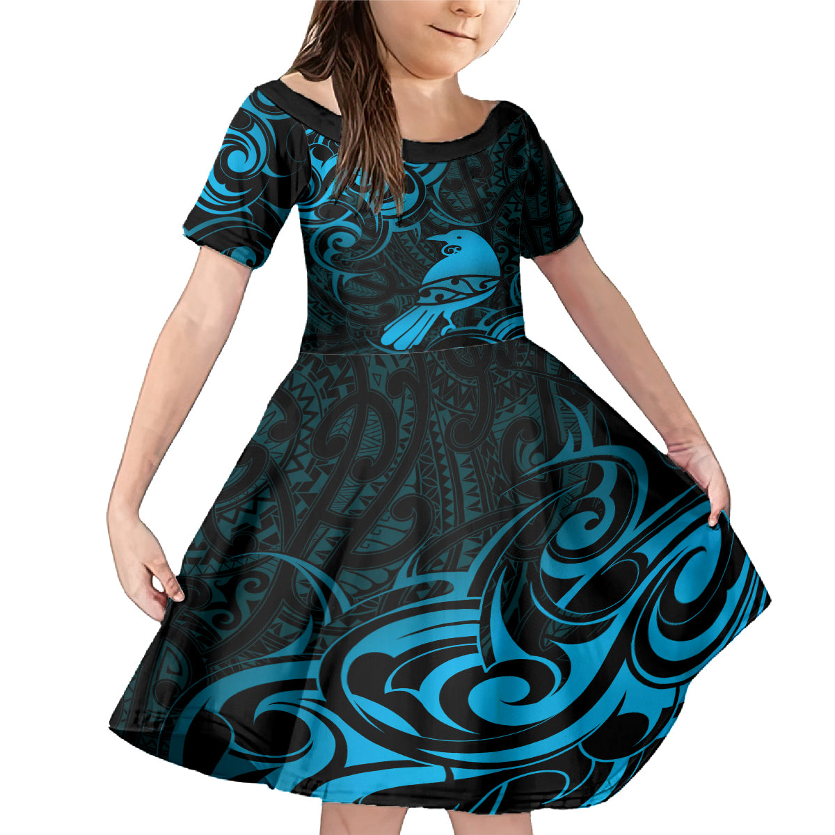 New Zealand Tui Bird Family Matching Mermaid Dress and Hawaiian Shirt Aotearoa Maori Pattern - Blue LT14 Daughter's Dress Blue - Polynesian Pride
