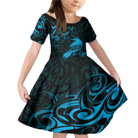 New Zealand Tui Bird Family Matching Mermaid Dress and Hawaiian Shirt Aotearoa Maori Pattern - Blue LT14 Daughter's Dress Blue - Polynesian Pride