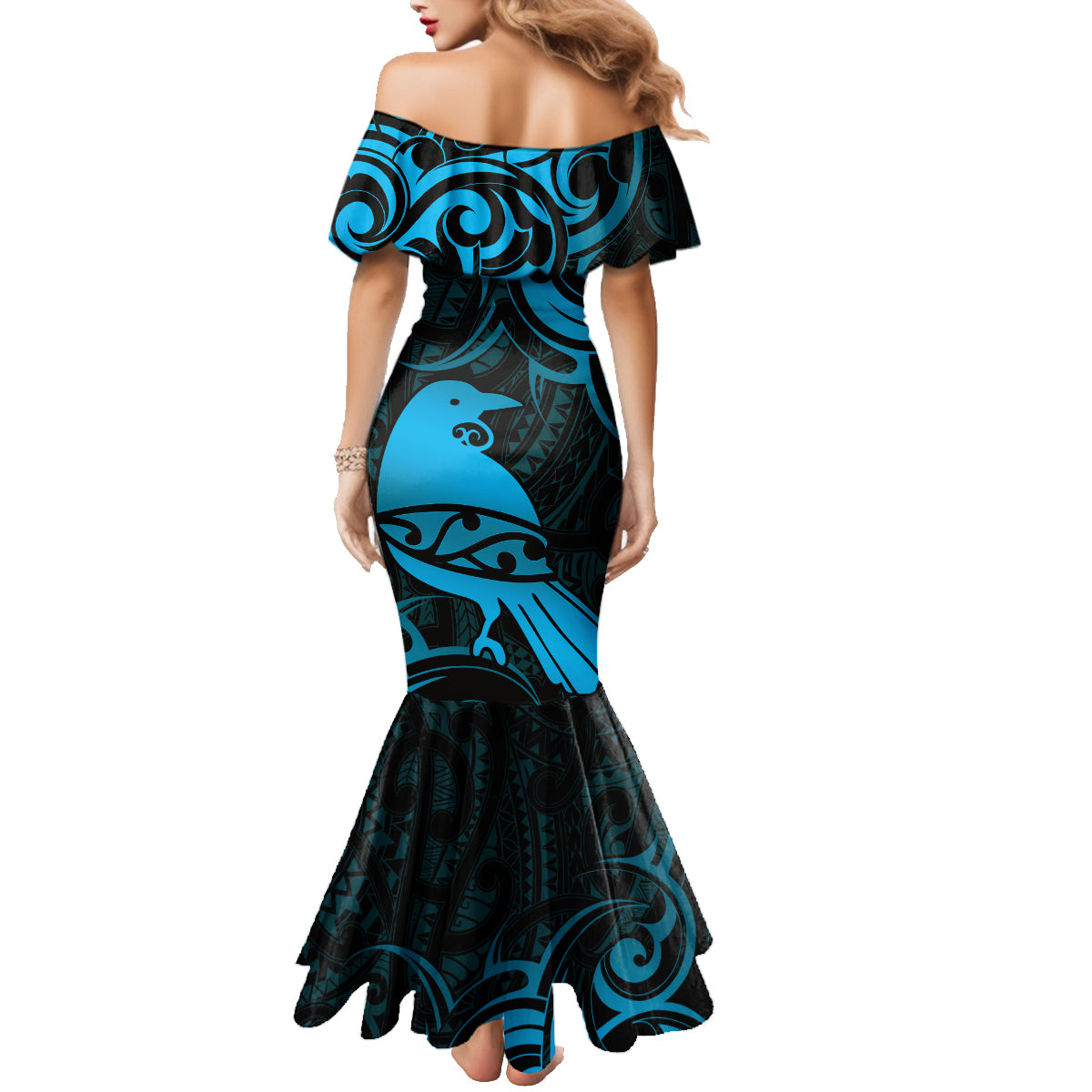 New Zealand Tui Bird Family Matching Mermaid Dress and Hawaiian Shirt Aotearoa Maori Pattern - Blue LT14 - Polynesian Pride