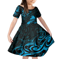New Zealand Tui Bird Family Matching Off The Shoulder Long Sleeve Dress and Hawaiian Shirt Aotearoa Maori Pattern - Blue