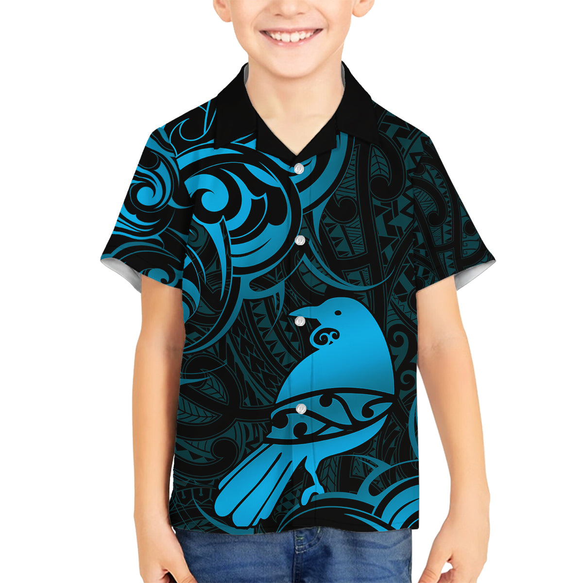 New Zealand Tui Bird Family Matching Off The Shoulder Long Sleeve Dress and Hawaiian Shirt Aotearoa Maori Pattern - Blue