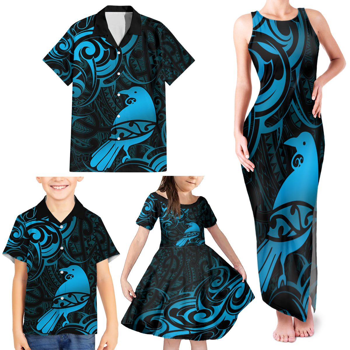 New Zealand Tui Bird Family Matching Tank Maxi Dress and Hawaiian Shirt Aotearoa Maori Pattern - Blue LT14 - Polynesian Pride