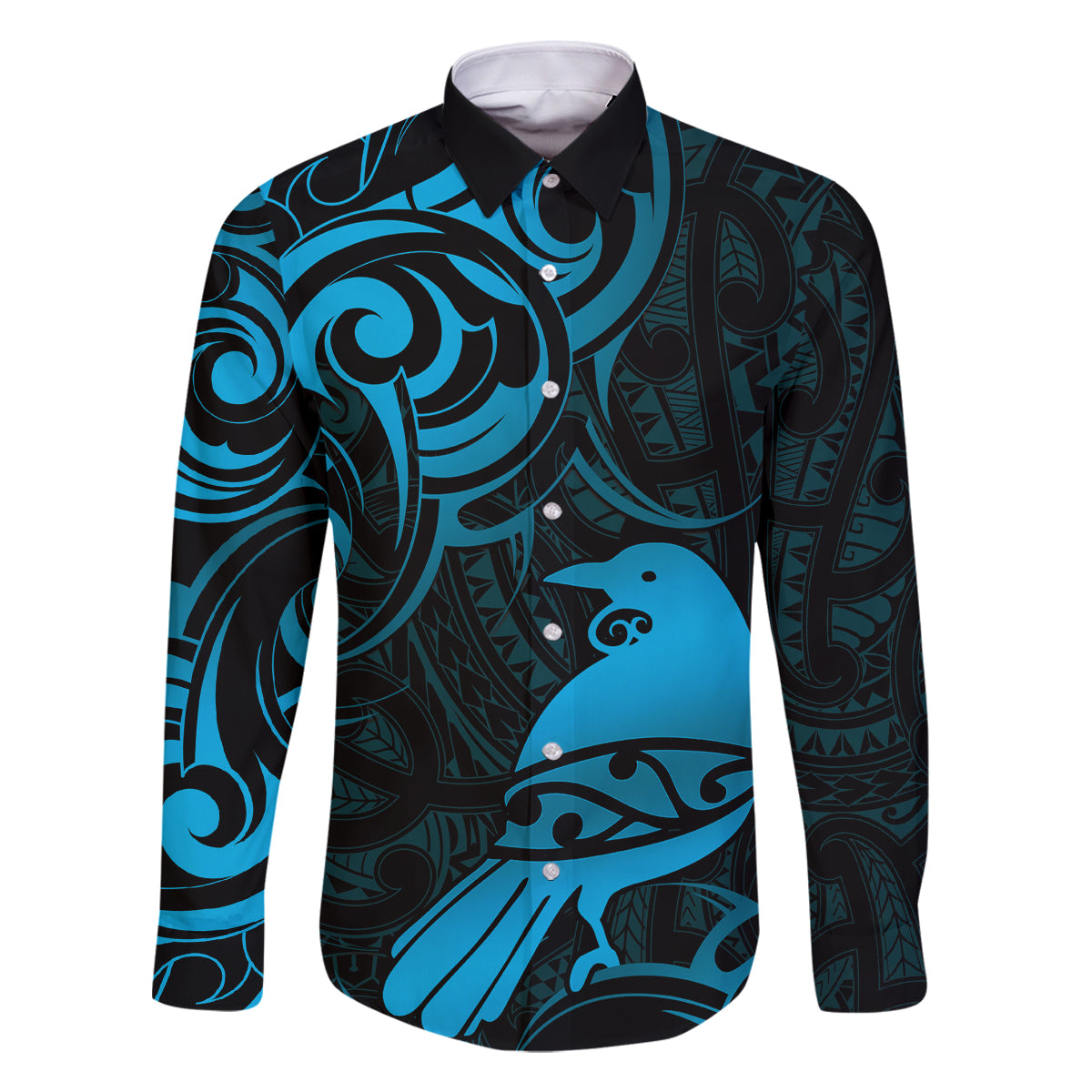 New Zealand Tui Bird Family Matching Tank Maxi Dress and Hawaiian Shirt Aotearoa Maori Pattern - Blue LT14 Dad's Shirt - Long Sleeve Blue - Polynesian Pride