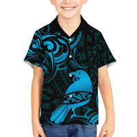 New Zealand Tui Bird Family Matching Tank Maxi Dress and Hawaiian Shirt Aotearoa Maori Pattern - Blue LT14 Son's Shirt Blue - Polynesian Pride