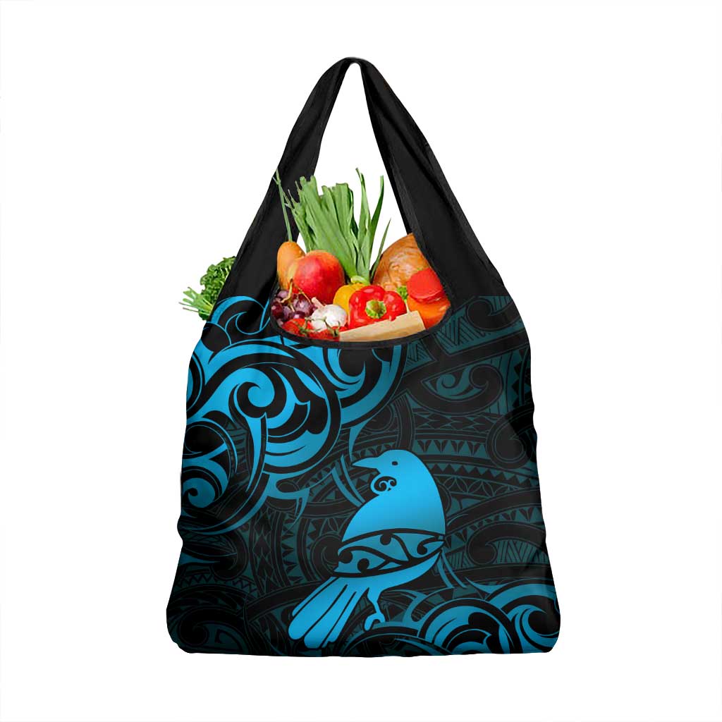 New Zealand Tui Bird Grocery Bag Aotearoa Maori Pattern - Blue
