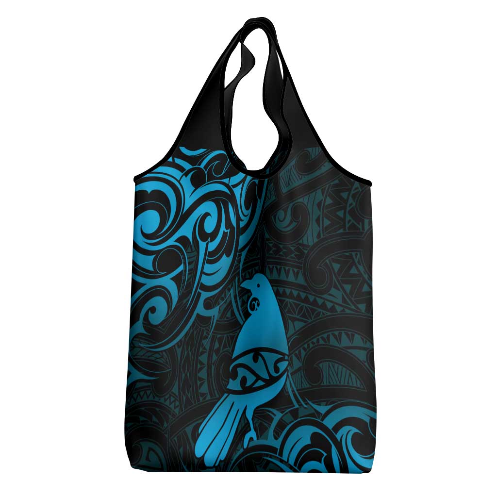 New Zealand Tui Bird Grocery Bag Aotearoa Maori Pattern - Blue