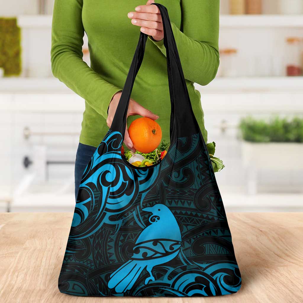 New Zealand Tui Bird Grocery Bag Aotearoa Maori Pattern - Blue