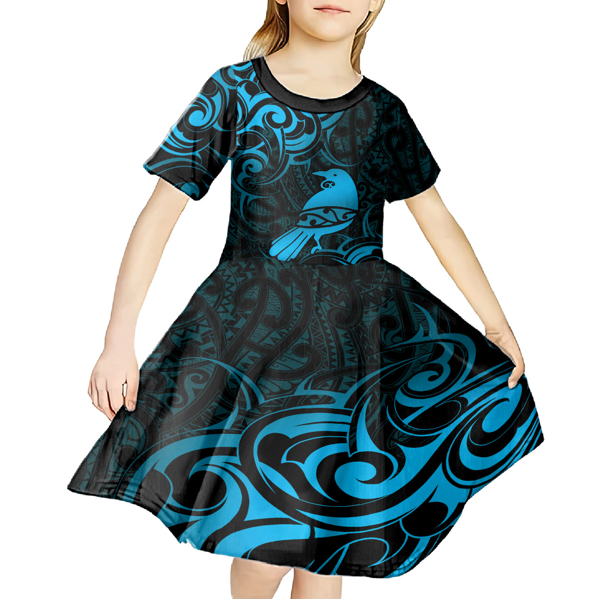 New Zealand Tui Bird Kid Short Sleeve Dress Aotearoa Maori Pattern - Blue