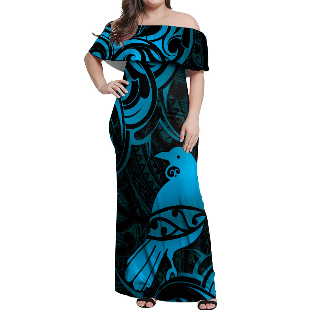 New Zealand Tui Bird Off Shoulder Maxi Dress Aotearoa Maori Pattern - Blue