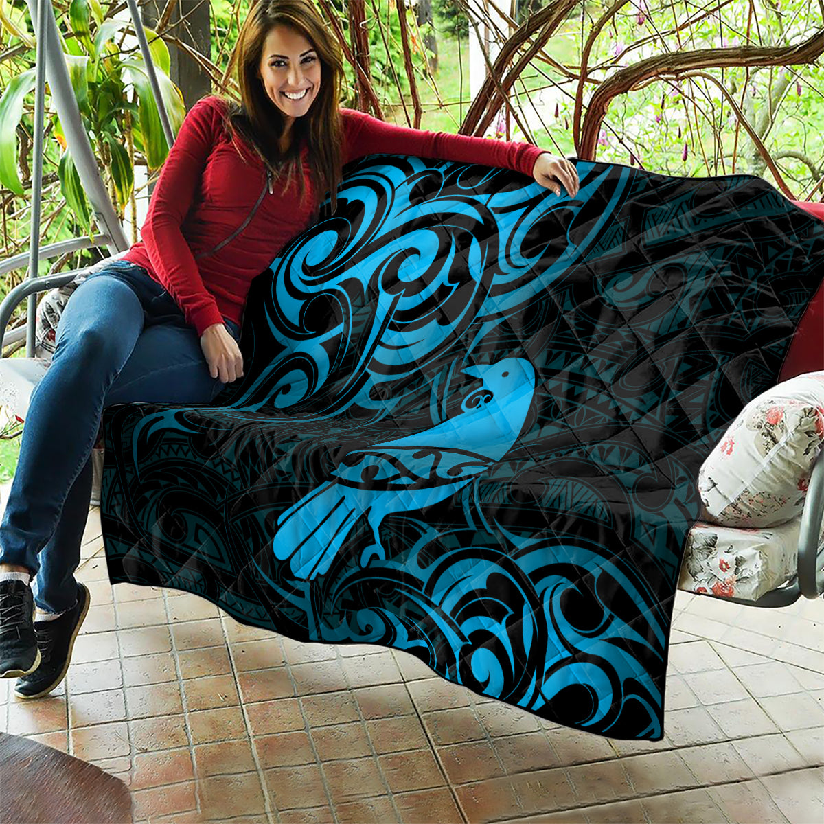New Zealand Tui Bird Quilt Aotearoa Maori Pattern - Blue LT14 - Polynesian Pride