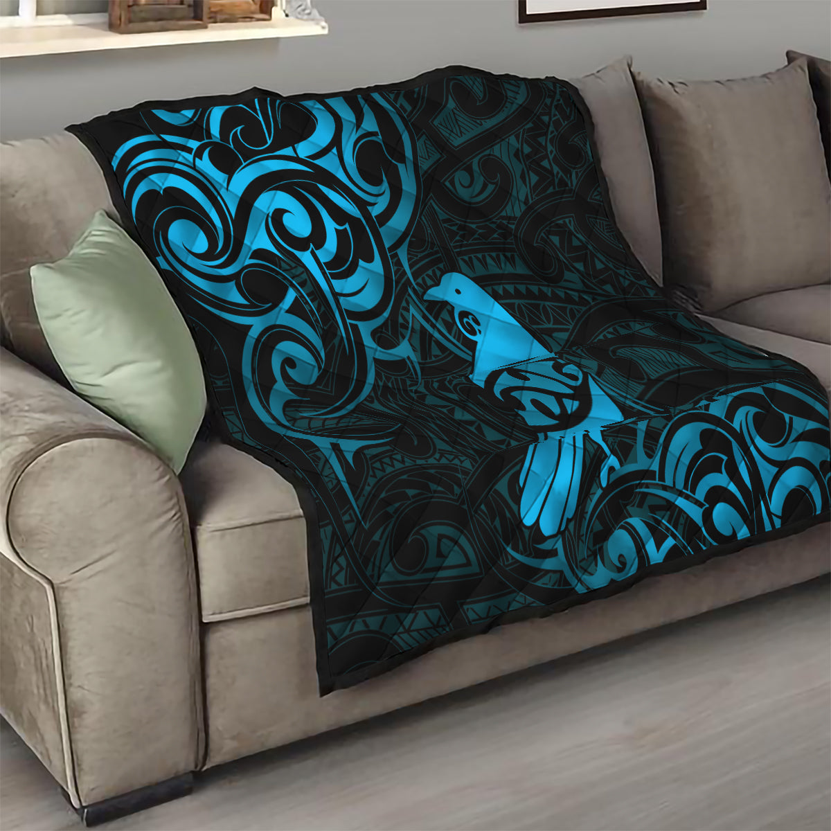 New Zealand Tui Bird Quilt Aotearoa Maori Pattern - Blue LT14 - Polynesian Pride