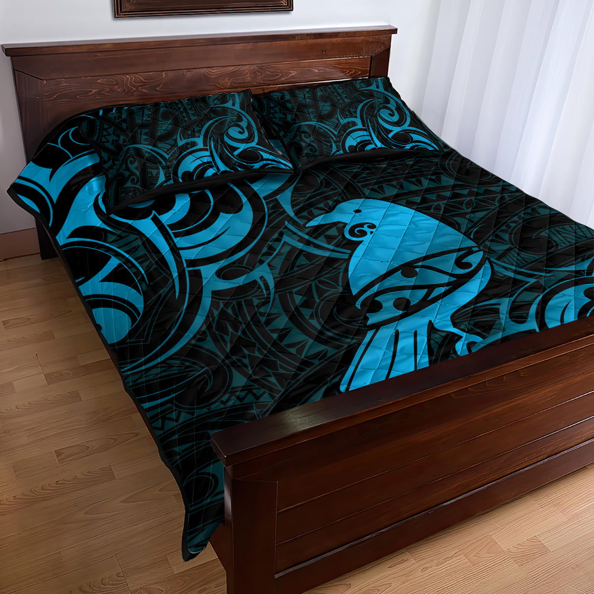 New Zealand Tui Bird Quilt Bed Set Aotearoa Maori Pattern - Blue