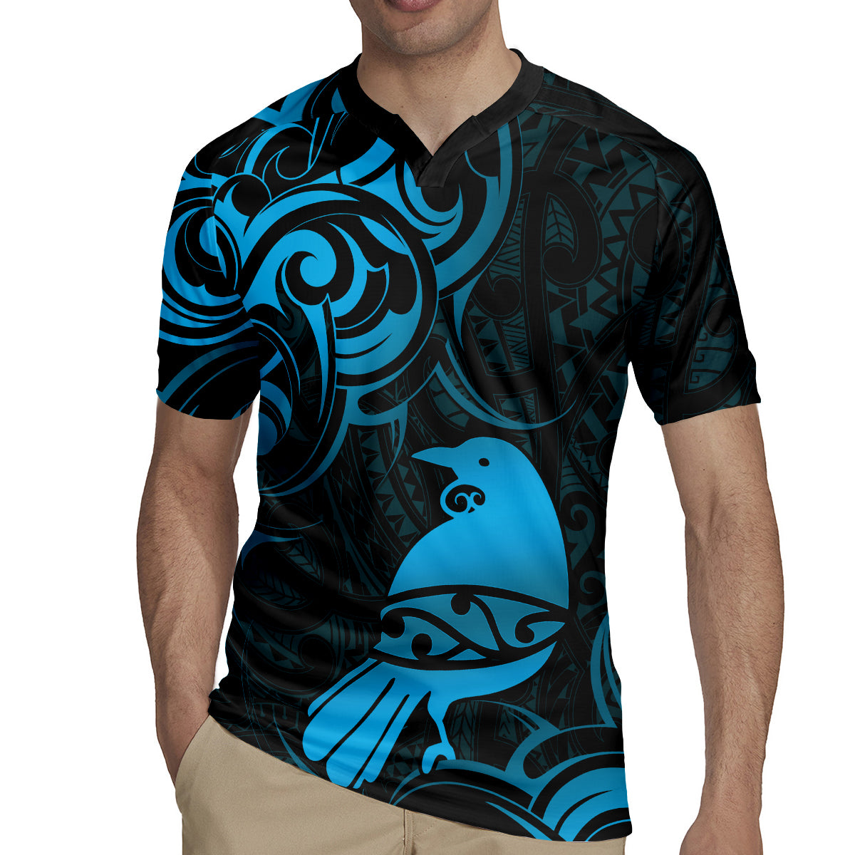 New Zealand Tui Bird Rugby Jersey Aotearoa Maori Pattern - Blue