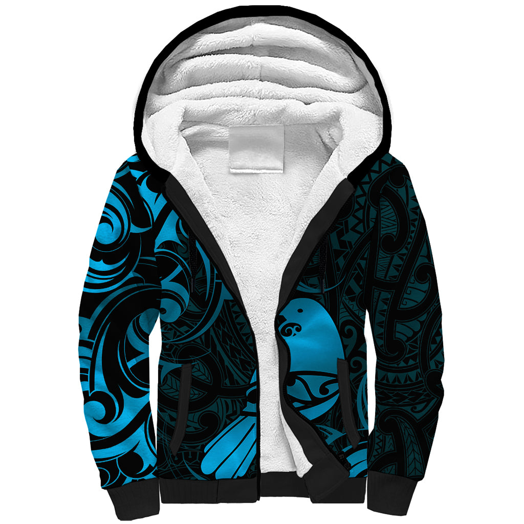 New Zealand Tui Bird Sherpa Hoodie Aotearoa Maori Pattern - Blue