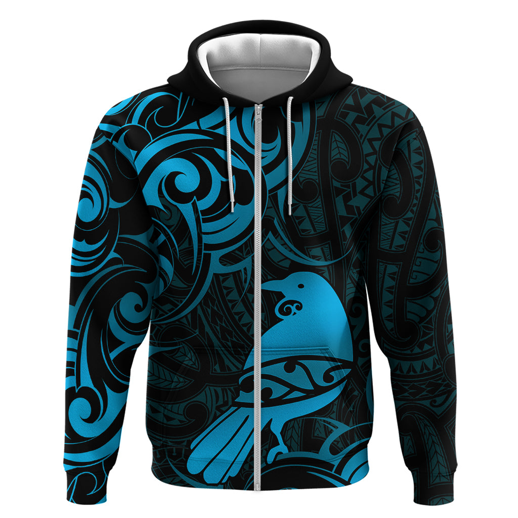 New Zealand Tui Bird Zip Hoodie Aotearoa Maori Pattern - Blue