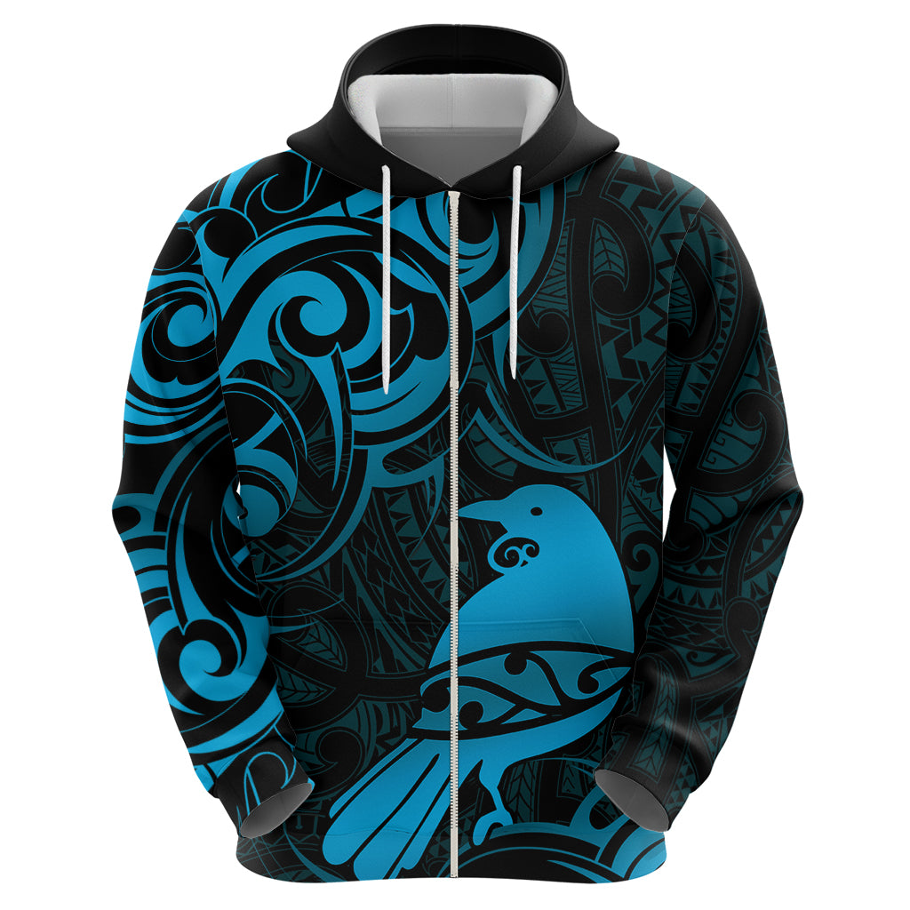 New Zealand Tui Bird Zip Hoodie Aotearoa Maori Pattern - Blue