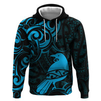 New Zealand Tui Bird Zip Hoodie Aotearoa Maori Pattern - Blue