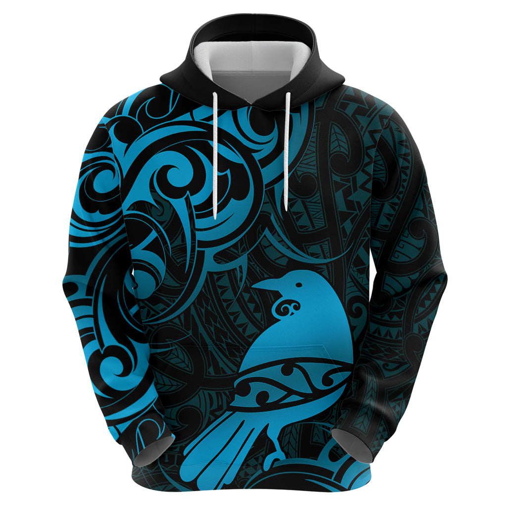 New Zealand Tui Bird Zip Hoodie Aotearoa Maori Pattern - Blue