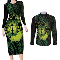 Kia Orana Kuki Airani Couples Matching Long Sleeve Bodycon Dress and Long Sleeve Button Shirt Cook Islands Tangaroa God Tatau Green