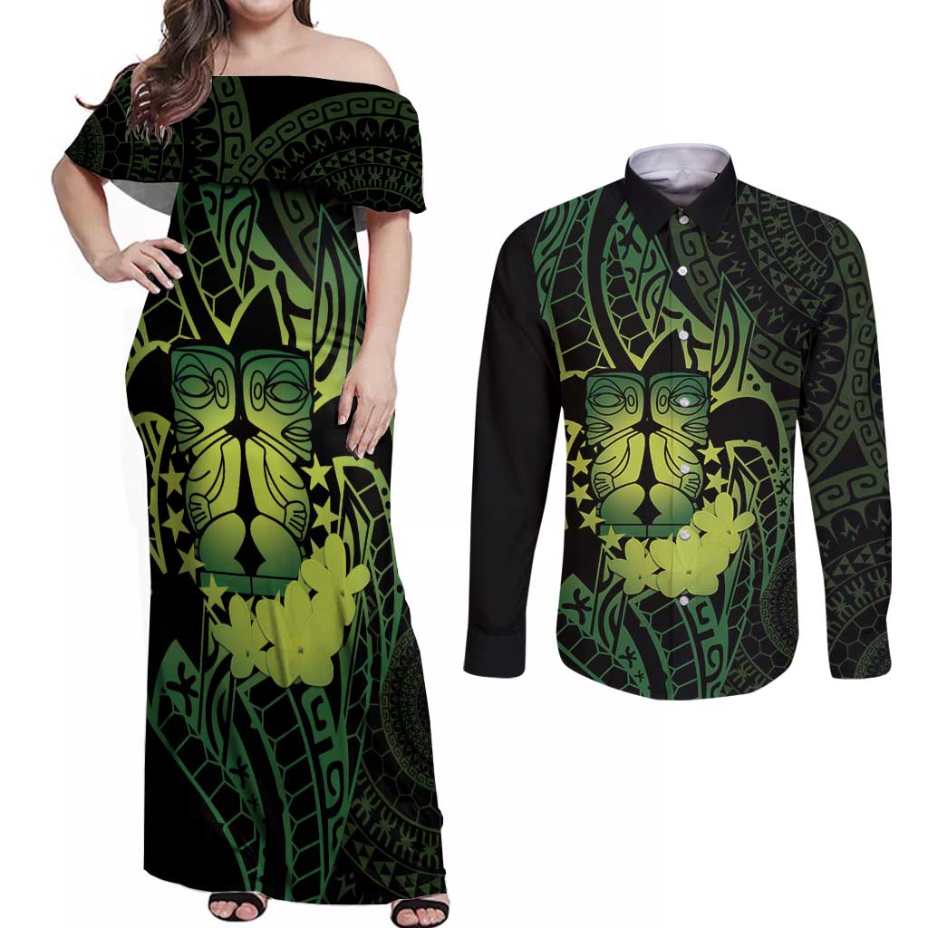 Kia Orana Kuki Airani Couples Matching Off Shoulder Maxi Dress and Long Sleeve Button Shirt Cook Islands Tangaroa God Tatau Green