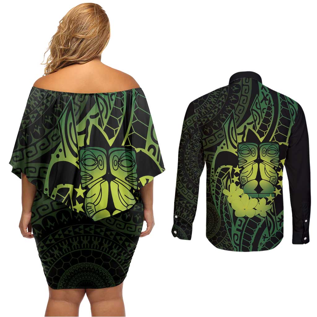 Kia Orana Kuki Airani Couples Matching Off Shoulder Short Dress and Long Sleeve Button Shirt Cook Islands Tangaroa God Tatau Green