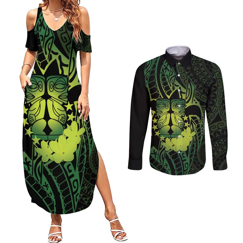 Kia Orana Kuki Airani Couples Matching Summer Maxi Dress and Long Sleeve Button Shirt Cook Islands Tangaroa God Tatau Green