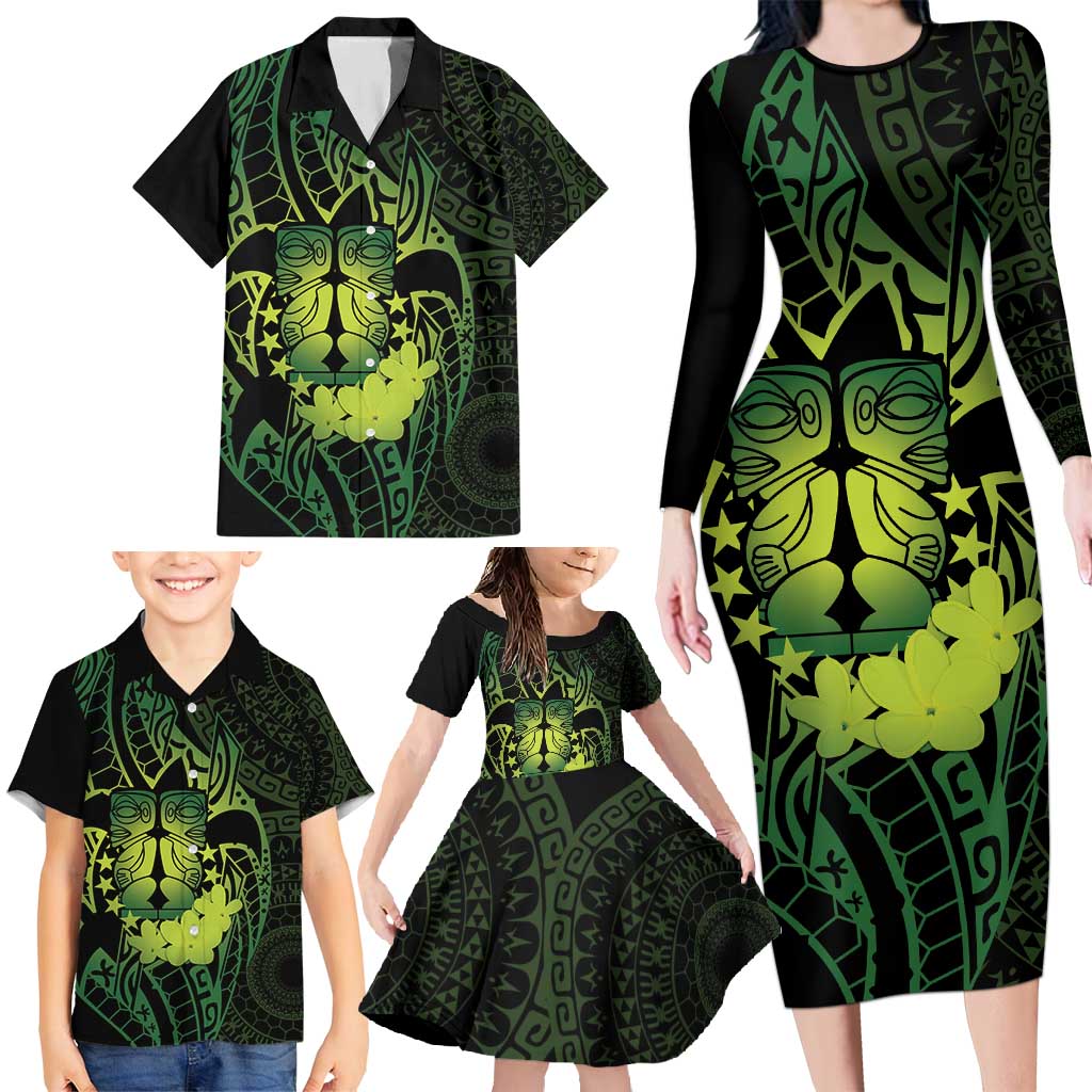 Kia Orana Kuki Airani Family Matching Long Sleeve Bodycon Dress and Hawaiian Shirt Cook Islands Tangaroa God Tatau Green