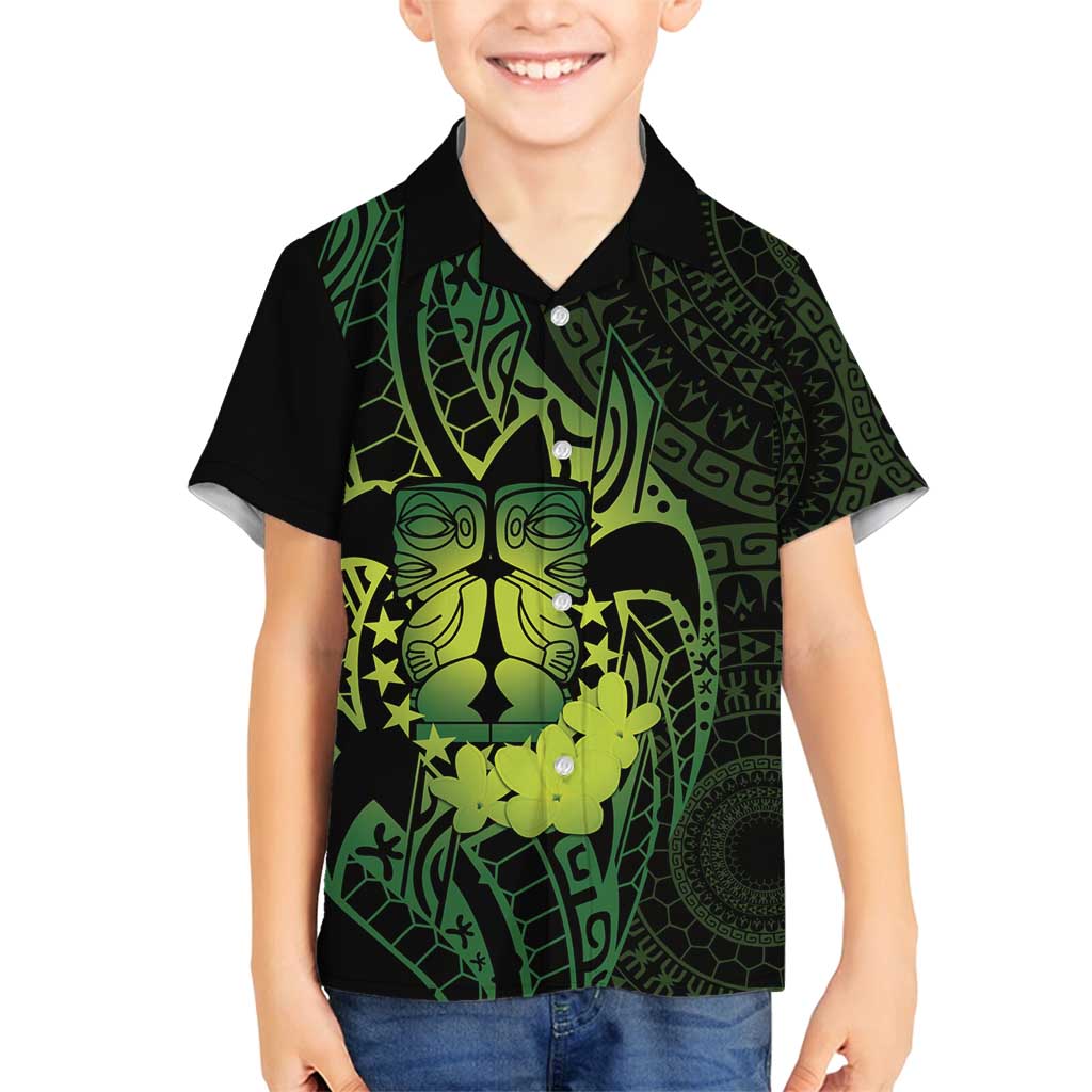 Kia Orana Kuki Airani Family Matching Long Sleeve Bodycon Dress and Hawaiian Shirt Cook Islands Tangaroa God Tatau Green