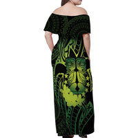 Kia Orana Kuki Airani Family Matching Off Shoulder Maxi Dress and Hawaiian Shirt Cook Islands Tangaroa God Tatau Green