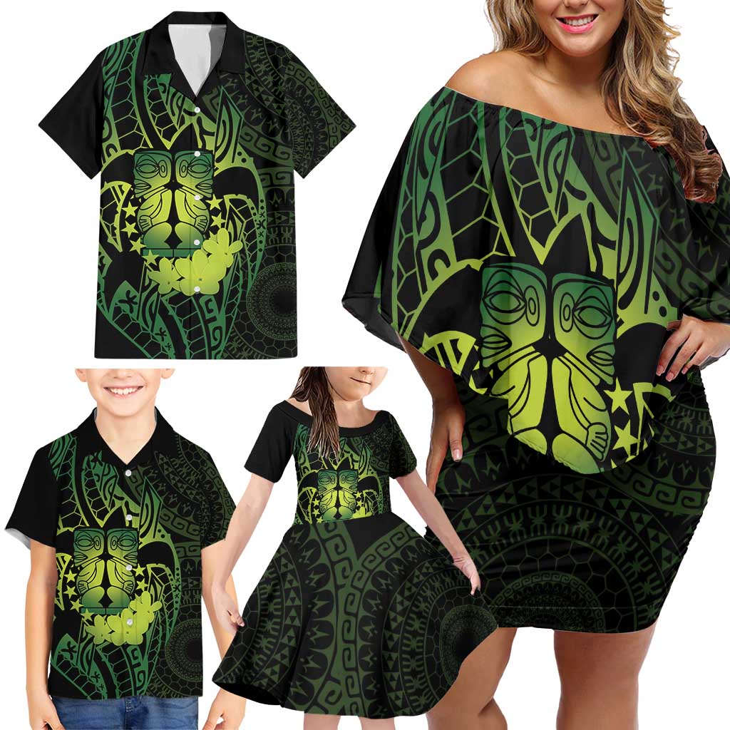 Kia Orana Kuki Airani Family Matching Off Shoulder Short Dress and Hawaiian Shirt Cook Islands Tangaroa God Tatau Green