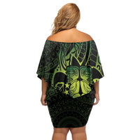 Kia Orana Kuki Airani Family Matching Off Shoulder Short Dress and Hawaiian Shirt Cook Islands Tangaroa God Tatau Green