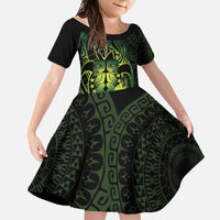 Kia Orana Kuki Airani Family Matching Short Sleeve Bodycon Dress and Hawaiian Shirt Cook Islands Tangaroa God Tatau Green