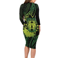 Kia Orana Kuki Airani Long Sleeve Bodycon Dress Cook Islands Tangaroa God Tatau Green