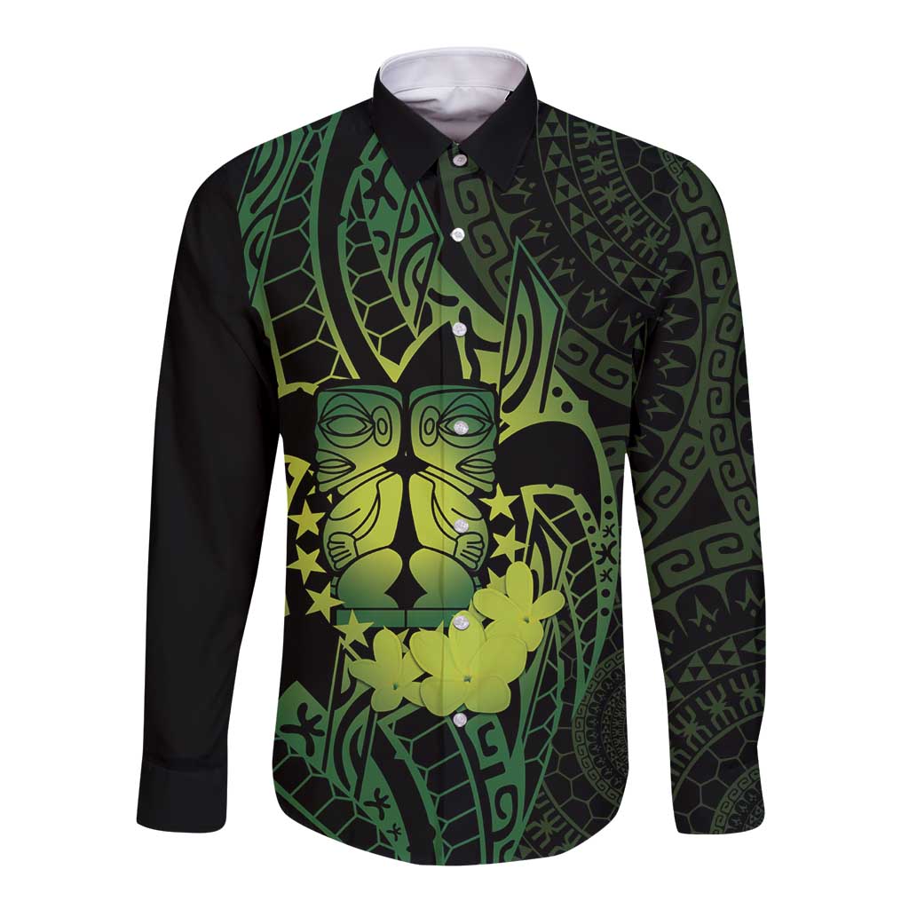 Kia Orana Kuki Airani Long Sleeve Button Shirt Cook Islands Tangaroa God Tatau Green