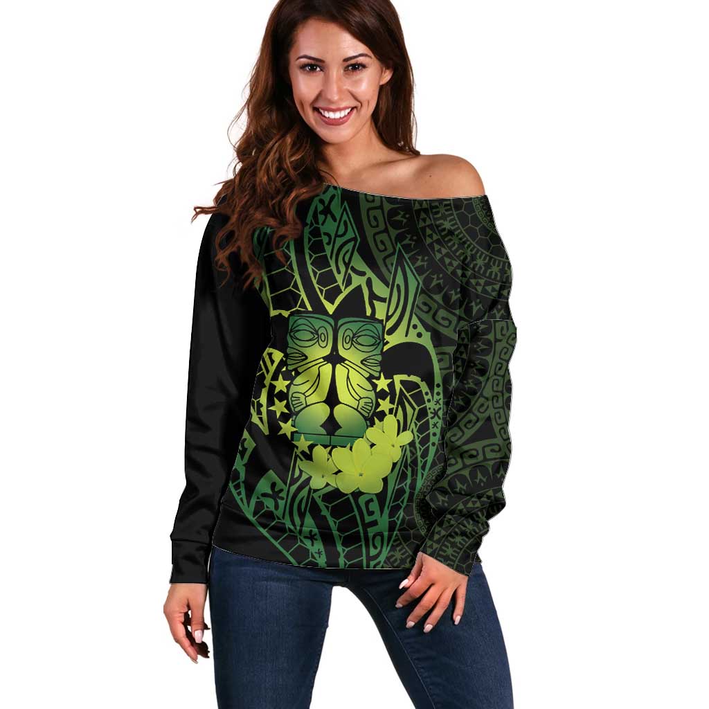 Kia Orana Kuki Airani Off Shoulder Sweater Cook Islands Tangaroa God Tatau Green