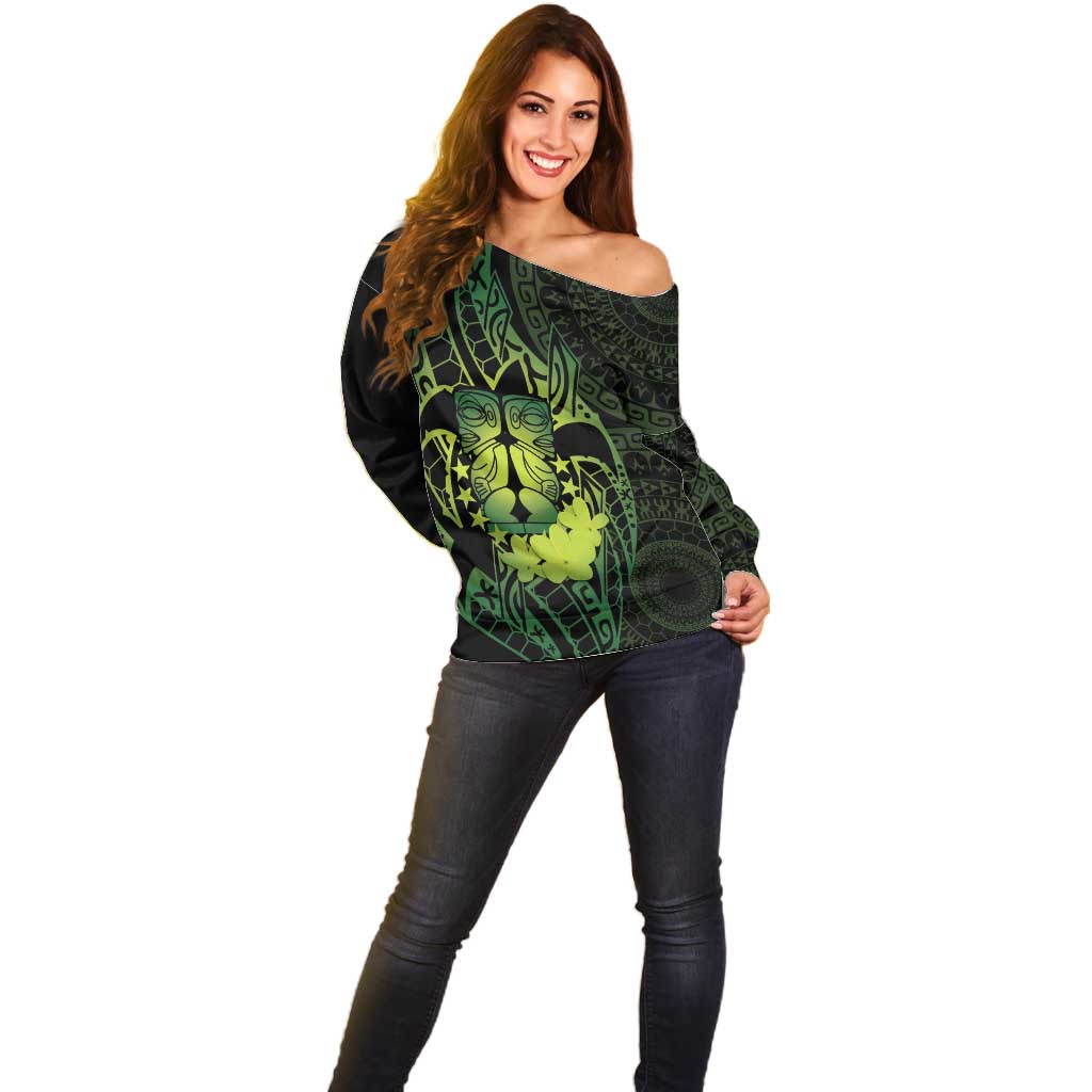 Kia Orana Kuki Airani Off Shoulder Sweater Cook Islands Tangaroa God Tatau Green