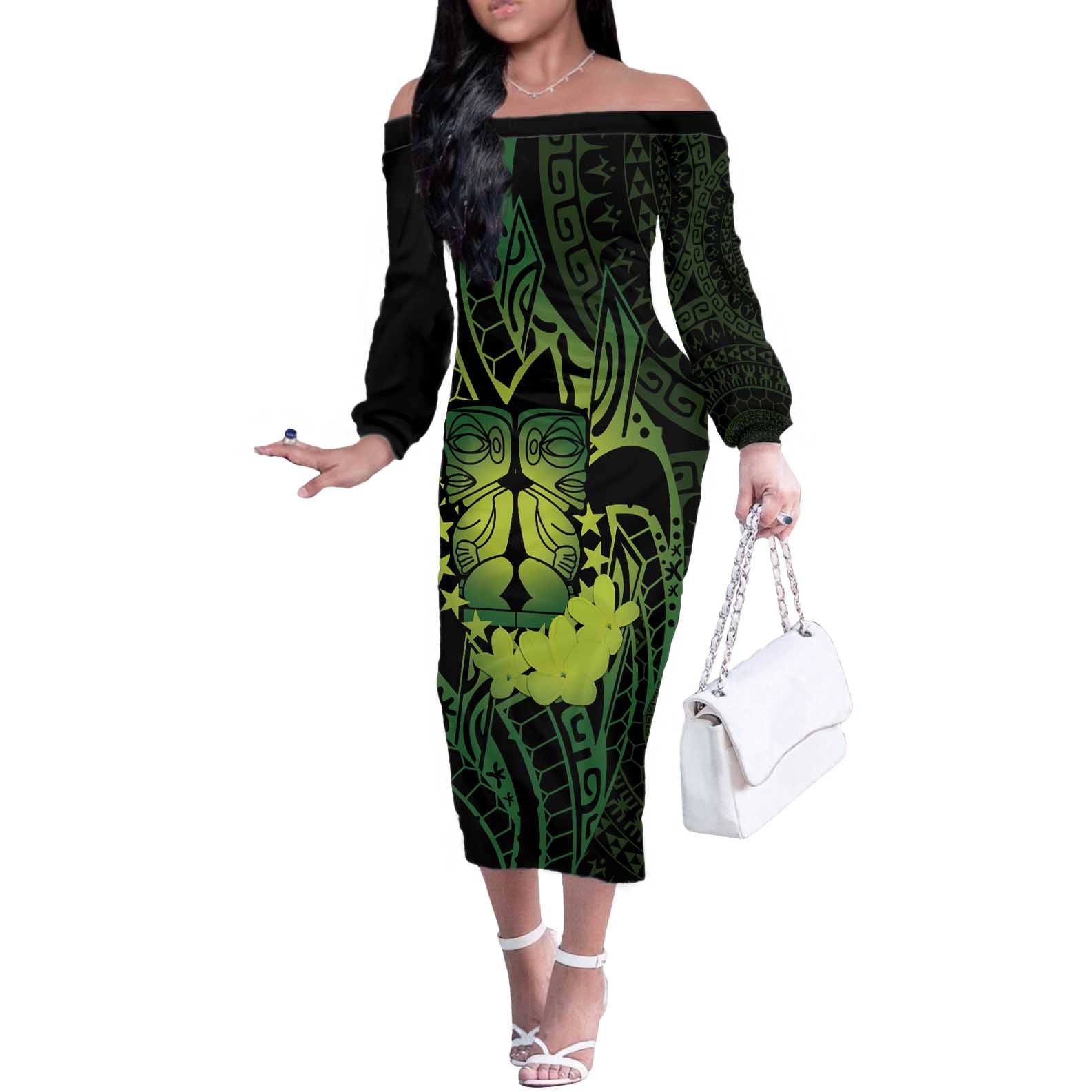 Kia Orana Kuki Airani Off The Shoulder Long Sleeve Dress Cook Islands Tangaroa God Tatau Green