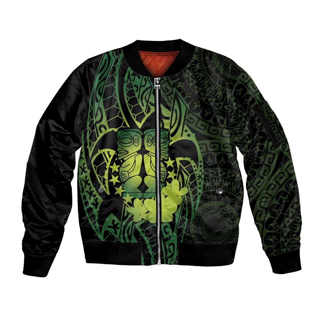 Kia Orana Kuki Airani Sleeve Zip Bomber Jacket Cook Islands Tangaroa God Tatau Green