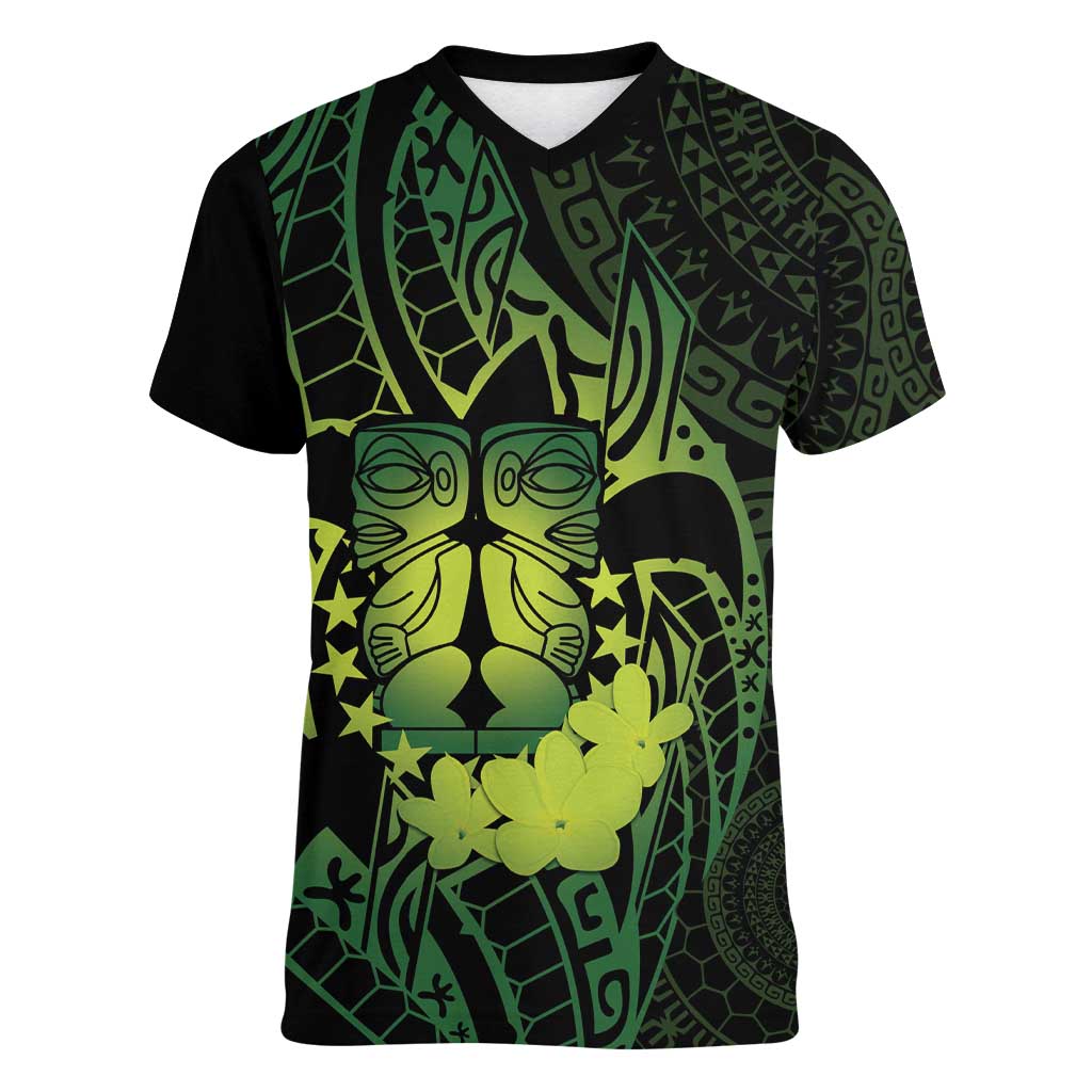 Kia Orana Kuki Airani Women V-Neck T-Shirt Cook Islands Tangaroa God Tatau Green