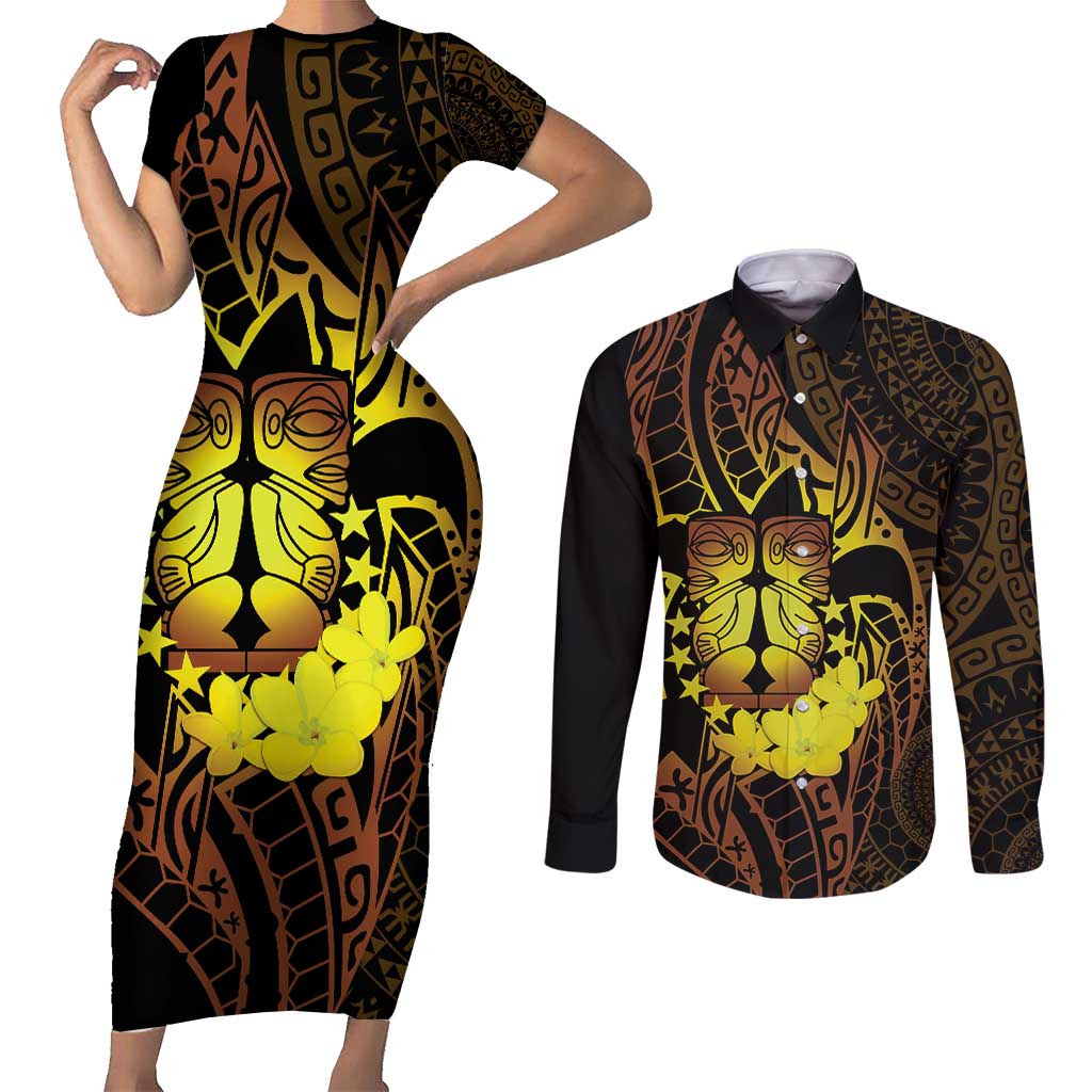 Kia Orana Kuki Airani Couples Matching Short Sleeve Bodycon Dress and Long Sleeve Button Shirt Cook Islands Tangaroa God Tatau Gold