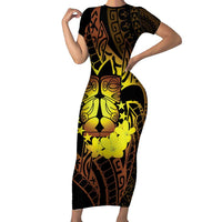 Kia Orana Kuki Airani Family Matching Short Sleeve Bodycon Dress and Hawaiian Shirt Cook Islands Tangaroa God Tatau Gold